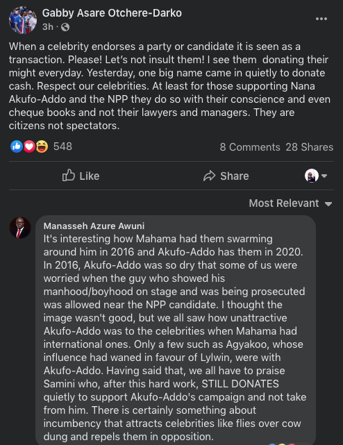 Manasseh Azuri Awuni replies Gabby Otchere-Darko on Facebook after the latter said celebrities who endorse President Akufo-Addo do so with their conscience and even cheque books | Adomonline.com
