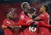 Manchester United's Portuguese midfielder Bruno Fernandes (C) celebrates with teammates after scoring their second goal from the penalty spot during the English Premier League football match between Manchester United and Aston Villa at Old Trafford in Man Image credit: Getty Images