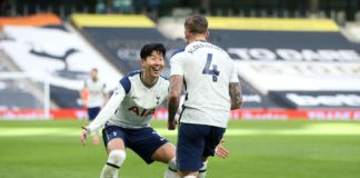 Toby Alderweireld of Tottenham Hotspur celebrates with teammate Son Heung-Min of after scoring their team's third goal during the Premier League match between Tottenham Hotspur and Leeds United at Tottenham Hotspur Stadium on January 02, 2021 in London, E Image credit: Getty Images