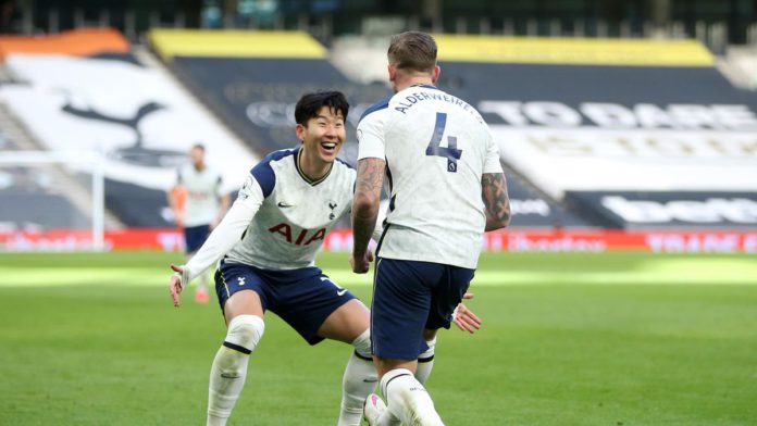 Toby Alderweireld of Tottenham Hotspur celebrates with teammate Son Heung-Min of after scoring their team's third goal during the Premier League match between Tottenham Hotspur and Leeds United at Tottenham Hotspur Stadium on January 02, 2021 in London, E Image credit: Getty Images