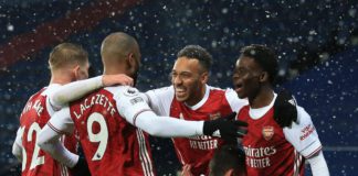 Bukayo Saka of Arsenal celebrates scoring their 2nd goal with Emile Smith Rowe, Alexandre Lacazette, Pierre-Emerick Aubameyang and Dani Ceballos during the Premier League match between West Bromwich Albion and Arsenal at The Hawthorns Image credit: Getty Images