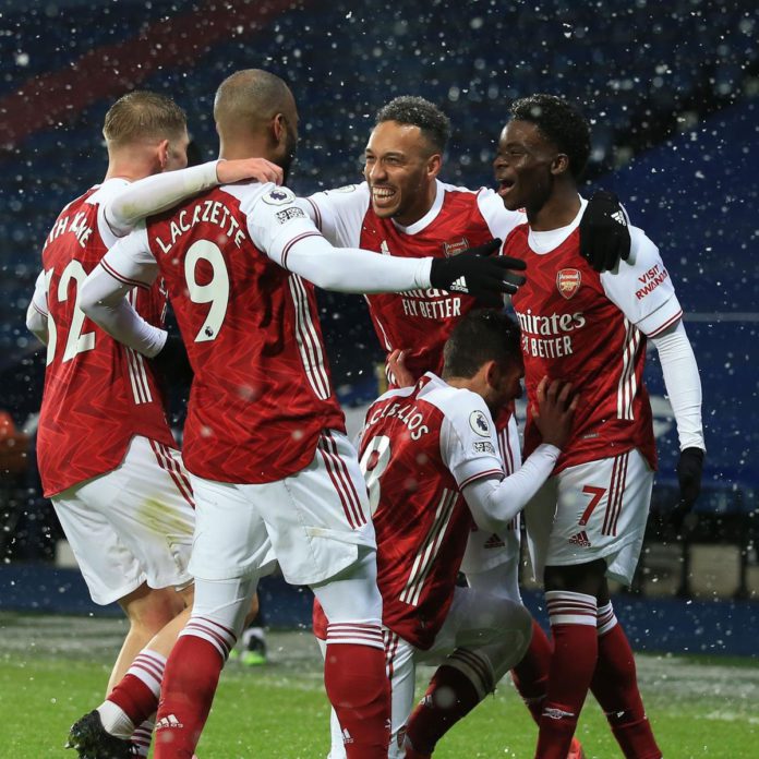 Bukayo Saka of Arsenal celebrates scoring their 2nd goal with Emile Smith Rowe, Alexandre Lacazette, Pierre-Emerick Aubameyang and Dani Ceballos during the Premier League match between West Bromwich Albion and Arsenal at The Hawthorns Image credit: Getty Images