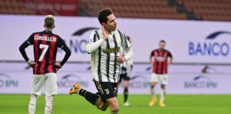 Juventus' Italian forward Federico Chiesa (C) celebrates after scoring his second goal during the Italian Serie A football match AC Milan vs Juventus on January 6, 2021 at the San Siro stadium in Milan. Image credit: Getty Images