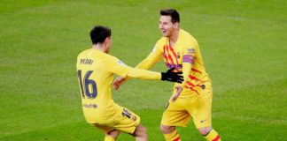 Lionel Messi of FC Barcelona celebrates 1-2 with Pedri of FC Barcelona during the La Liga Santander match between Athletic de Bilbao v FC Barcelona at the Estadio San Mames on January 6, 2021 in Bilbao Spain Image credit: Getty Images