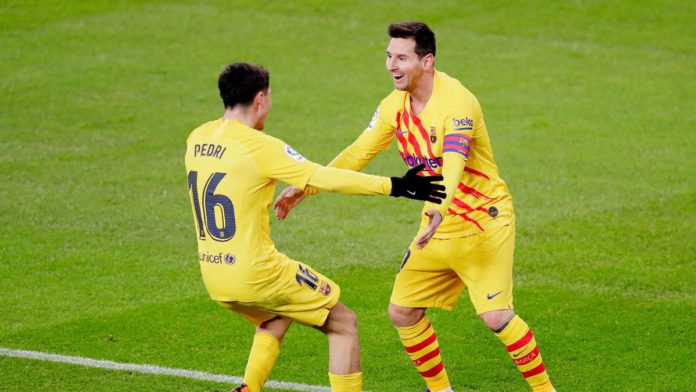 Lionel Messi of FC Barcelona celebrates 1-2 with Pedri of FC Barcelona during the La Liga Santander match between Athletic de Bilbao v FC Barcelona at the Estadio San Mames on January 6, 2021 in Bilbao Spain Image credit: Getty Images