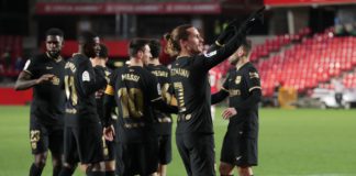 Antoine Griezmann of Barcelona celebrates after scoring their team's fourth goal during the La Liga Santander match between Granada CF and FC Barcelona at Estadio Nuevo Los Carmenes on January 09, 2021 in Granada, Spain Image credit: Getty Images