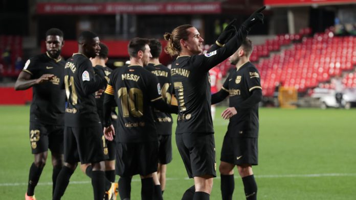 Antoine Griezmann of Barcelona celebrates after scoring their team's fourth goal during the La Liga Santander match between Granada CF and FC Barcelona at Estadio Nuevo Los Carmenes on January 09, 2021 in Granada, Spain Image credit: Getty Images