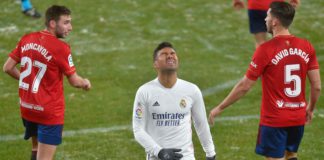 Real Madrid's Brazilian midfielder Casemiro (C) reacts after missing a goal opportunity during the Spanish League football match between Osasuna and Real Madrid at the El Sadar stadium in Pamplona on January 9, 2021. Image credit: Getty Images