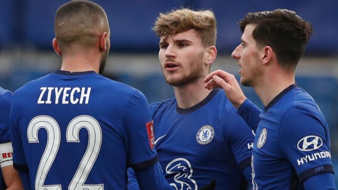 Chelsea's German striker Timo Werner (2R) celebrates with team-mates after scoring their second goal during the English FA Cup third round football match between Chelsea and Morecambe at Stamford Bridge Image credit: Getty Images