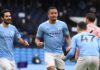 Manchester City's Brazilian striker Gabriel Jesus (C) celebrates scoring the opening goal during the English Premier League football match between Manchester City and Sheffield United at the Etihad Stadium Image credit: Getty Images