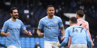 Manchester City's Brazilian striker Gabriel Jesus (C) celebrates scoring the opening goal during the English Premier League football match between Manchester City and Sheffield United at the Etihad Stadium Image credit: Getty Images