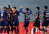 Levante's Spanish forward Roger Marti (2L) is congratulated after scoring his team's second goal during the Spanish league football match Real Madrid CF against Levante UD at the Alfredo di Stefano stadium in Valdebebas, on the outskirts of Madrid on Janu Image credit: Getty Images