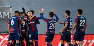 Levante's Spanish forward Roger Marti (2L) is congratulated after scoring his team's second goal during the Spanish league football match Real Madrid CF against Levante UD at the Alfredo di Stefano stadium in Valdebebas, on the outskirts of Madrid on Janu Image credit: Getty Images