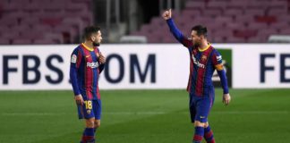 Lionel Messi of Barcelona celebrates after scoring their side's first goal as team mate Jordi Alba looks on during the La Liga Santander match between FC Barcelona and Athletic Club at Camp Nou Image credit: Getty Images
