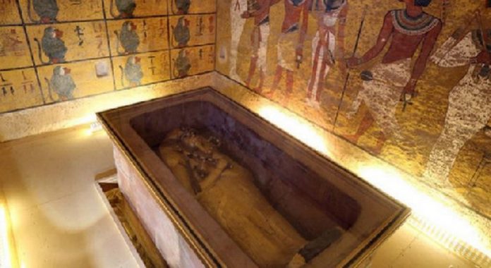 The golden sarcophagus of King Tutankhamun in his burial chamber in the Valley of the Kings