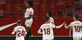 Jules Kounde of Sevilla celebrates after scoring their side's first goal during the Copa del Rey Semi Final First Leg match between Sevilla and FC Barcelona at Estadio Ramon Sanchez Pizjuan on February 10, 2021 in Seville, Spain Image credit: Getty Images