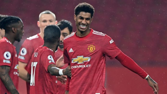 Marcus Rashford celebrates scoring for Manchester United Image credit: Getty Images