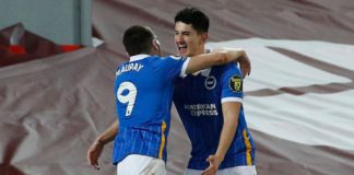 Brighton's Steven Alzate celebrates scoring against Liverpool Image credit: Getty Images