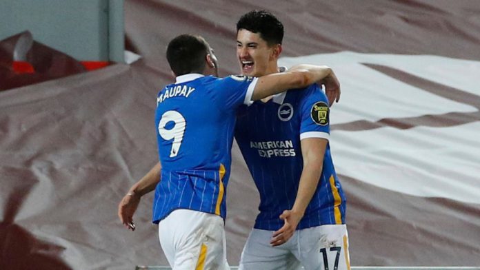 Brighton's Steven Alzate celebrates scoring against Liverpool Image credit: Getty Images