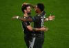 Marcus Rashford of Manchester United (R) celebrates a goal with teammate Bruno Fernandes Image credit: Getty Images