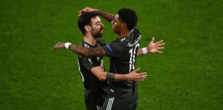 Marcus Rashford of Manchester United (R) celebrates a goal with teammate Bruno Fernandes Image credit: Getty Images