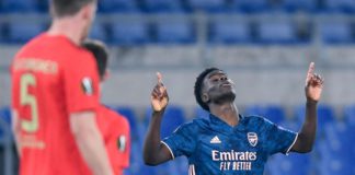 Bukayo Saka of Arsenal FC celebrates after scoring first goal during the UEFA Europa League round of 32 Leg 1 Image credit: Getty Images