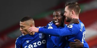 Gylfi Sigurdsson of Everton celebrates with teammates Richarlison and Abdoulaye Doucoure Image credit: Getty Images