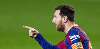 Lionel Messi of FC Barcelona celebrates after scoring his team's opening goal during the La Liga Santander match between FC Barcelona and Elche CF at Camp Nou on February 24, 2021 Image credit: Getty Images