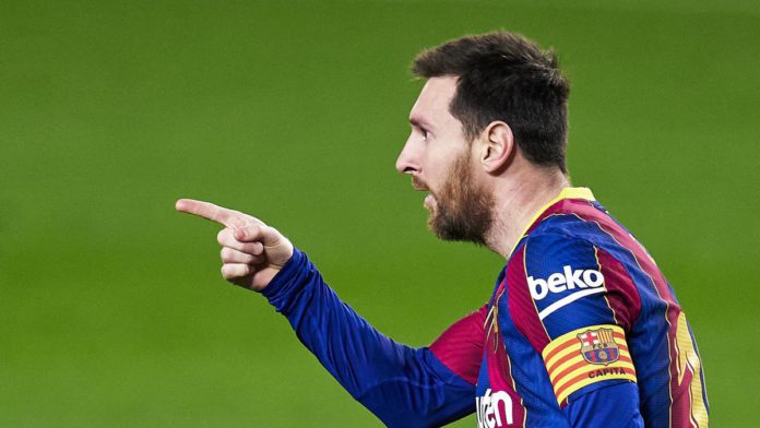 Lionel Messi of FC Barcelona celebrates after scoring his team's opening goal during the La Liga Santander match between FC Barcelona and Elche CF at Camp Nou on February 24, 2021 Image credit: Getty Images