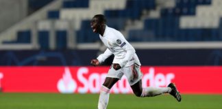 Ferland Mendy of Real Madrid celebrates after scoring their side's first goal during the UEFA Champions League Round of 16 match between Atalanta and Real Madrid at Gewiss Stadium on February 24, 2021 in Bergamo, Italy Image credit: Getty Images