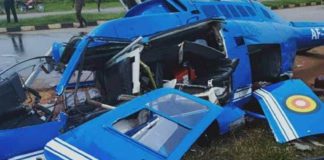 The wreckage of the UPDF jet ranger
