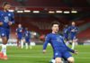 Mason Mount of Chelsea celebrates after scoring his team's first goal during the Premier League match between Liverpool and Chelsea at Anfield on March 04, 2021 in Liverpool, England Image credit: Getty Images