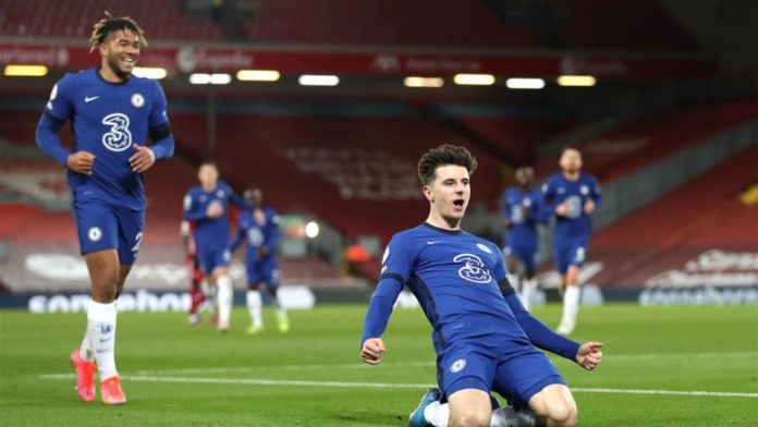 Mason Mount of Chelsea celebrates after scoring his team's first goal during the Premier League match between Liverpool and Chelsea at Anfield on March 04, 2021 in Liverpool, England Image credit: Getty Images