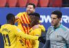 Ilaix Moriba of FC Barcelona celebrates with Lionel Messi and Ousmane Dembele after scoring their team's second goal during the La Liga Santander match between C.A. Osasuna and FC Barcelona at Estadio El Sadar on March 06, 2021 in Pamplona, Spain Image credit: Getty Images