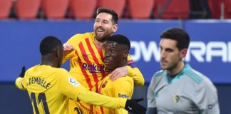 Ilaix Moriba of FC Barcelona celebrates with Lionel Messi and Ousmane Dembele after scoring their team's second goal during the La Liga Santander match between C.A. Osasuna and FC Barcelona at Estadio El Sadar on March 06, 2021 in Pamplona, Spain Image credit: Getty Images