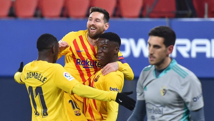 Ilaix Moriba of FC Barcelona celebrates with Lionel Messi and Ousmane Dembele after scoring their team's second goal during the La Liga Santander match between C.A. Osasuna and FC Barcelona at Estadio El Sadar on March 06, 2021 in Pamplona, Spain Image credit: Getty Images