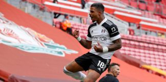 Fulham's Gabonese midfielder Mario Lemina (C) celebrates after scoring the opening goal of the English Premier League football match between Liverpool and Fulham at Anfield Image credit: Getty Images