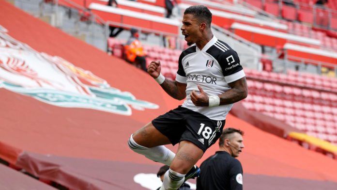 Fulham's Gabonese midfielder Mario Lemina (C) celebrates after scoring the opening goal of the English Premier League football match between Liverpool and Fulham at Anfield Image credit: Getty Images