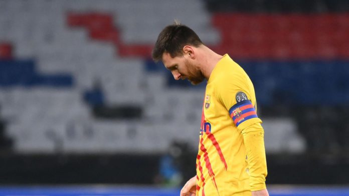 Barcelona's Argentinian forward Lionel Messi reacts during the UEFA Champions League round of 16 second leg football match between Paris Saint-Germain (PSG) and FC Barcelona at the Parc des Princes stadium in Paris, on March 10, 2021 Image credit: Getty Images