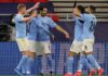 Ilkay Gundogan of Manchester City celebrates with team mates Phil Foden, Kevin De Bruyne, Joao Cancelo and Riyad Mahrez after scoring their side's second goal during the UEFA Champions League Round of 16 match between Manchester City and Borussia Moenchen Image credit: Getty Images
