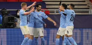 Ilkay Gundogan of Manchester City celebrates with team mates Phil Foden, Kevin De Bruyne, Joao Cancelo and Riyad Mahrez after scoring their side's second goal during the UEFA Champions League Round of 16 match between Manchester City and Borussia Moenchen Image credit: Getty Images