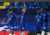 Hakim Ziyech of Chelsea celebrates with teammates Reece James, Ngolo Kante and Kurt Zouma after scoring their team's first goal during the UEFA Champions League Round of 16 match between Chelsea FC and Atletico Madrid at Stamford Bridge on March 17, 2021 Image credit: Getty Images