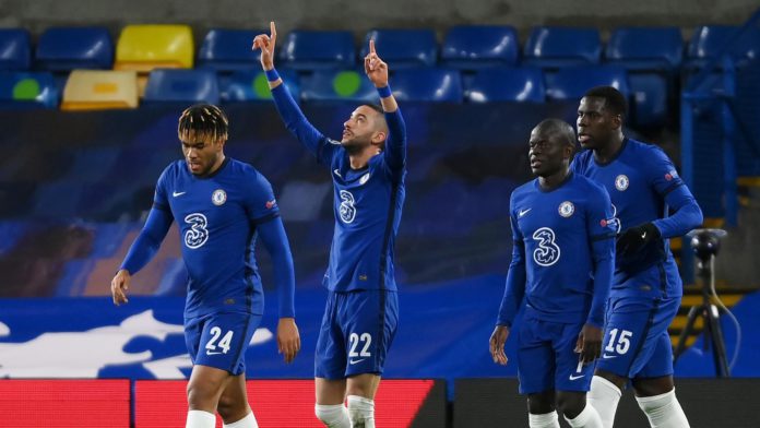 Hakim Ziyech of Chelsea celebrates with teammates Reece James, Ngolo Kante and Kurt Zouma after scoring their team's first goal during the UEFA Champions League Round of 16 match between Chelsea FC and Atletico Madrid at Stamford Bridge on March 17, 2021 Image credit: Getty Images