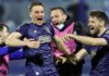 Dinamo Zagreb's players celebrate their 3-0 victory at the end of the UEFA Europa League round of 16 Image credit: Getty Images
