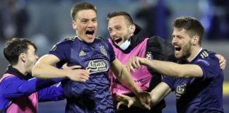 Dinamo Zagreb's players celebrate their 3-0 victory at the end of the UEFA Europa League round of 16 Image credit: Getty Images