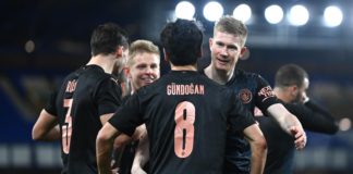 Ilkay Guendogan of Manchester City celebrates with team mate Kevin De Bruyne after scoring their side's first goal during The Emirates FA Cup Quarter Final match between Everton v Manchester City at Goodison Park Image credit: Getty Images