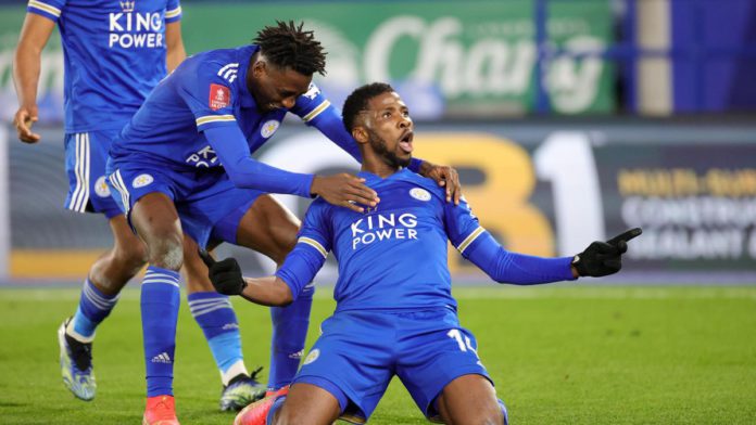 Kelechi Iheanacho of Leicester City celebrates after scoring to make it 3-1 during the Emirates FA Cup Quarter Final match between Leicester City and Manchester United at The King Power Stadium Image credit: Getty Images