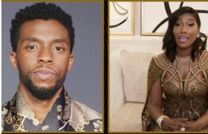 Pictured in this screen grab: Simone Ledward Boseman (R) accepts the award for Best Actor in a Motion Picture – Drama for “Ma Rainey’s Black Bottom” on behalf of Chadwick Boseman at the 78th Annual Golden Globe Awards on February 28, 2021. -- (Photo by: NBC)