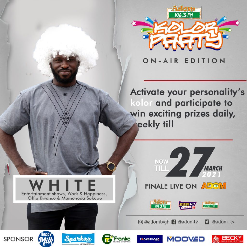 Presenter  Nana Osei Ampofo Adjei holds down the white kolor. The group is made up of fans who are more inclined to Entertainment Shows on Adom FM including flagship Work and Happiness show, Ofie Kwanso and Memeneda Sokoo.