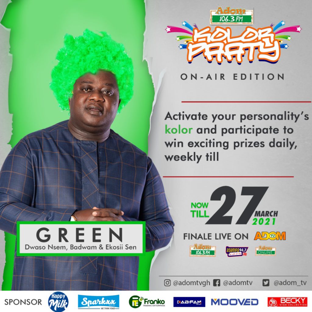 Omanhene Kwabena Asante, host of Adom TV's Badwam champions the green kolor. This category is for fans who love shows such as Dwaso Nsem, Badwam and the Ekosii Sen show. 